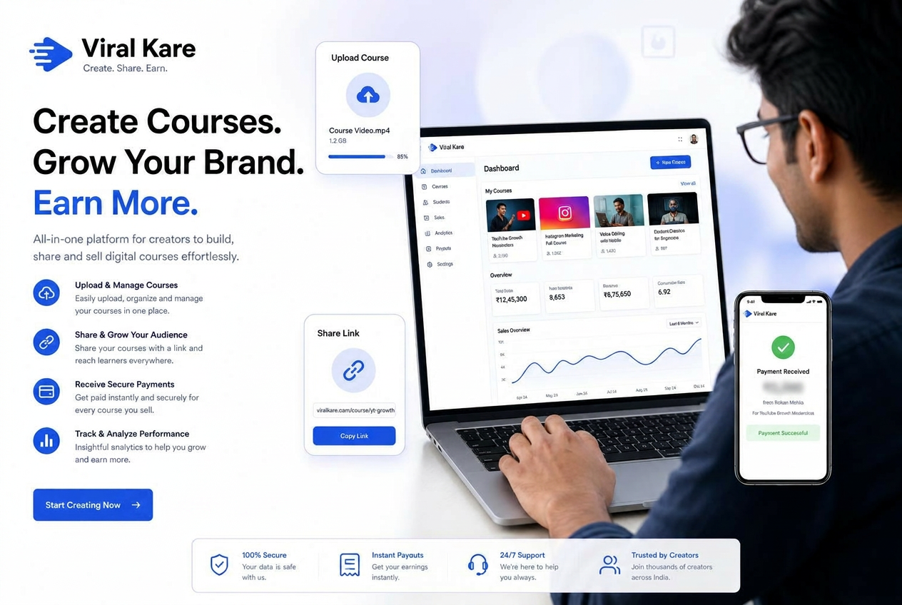Viral Kare course dashboard with upload, share link and payment received